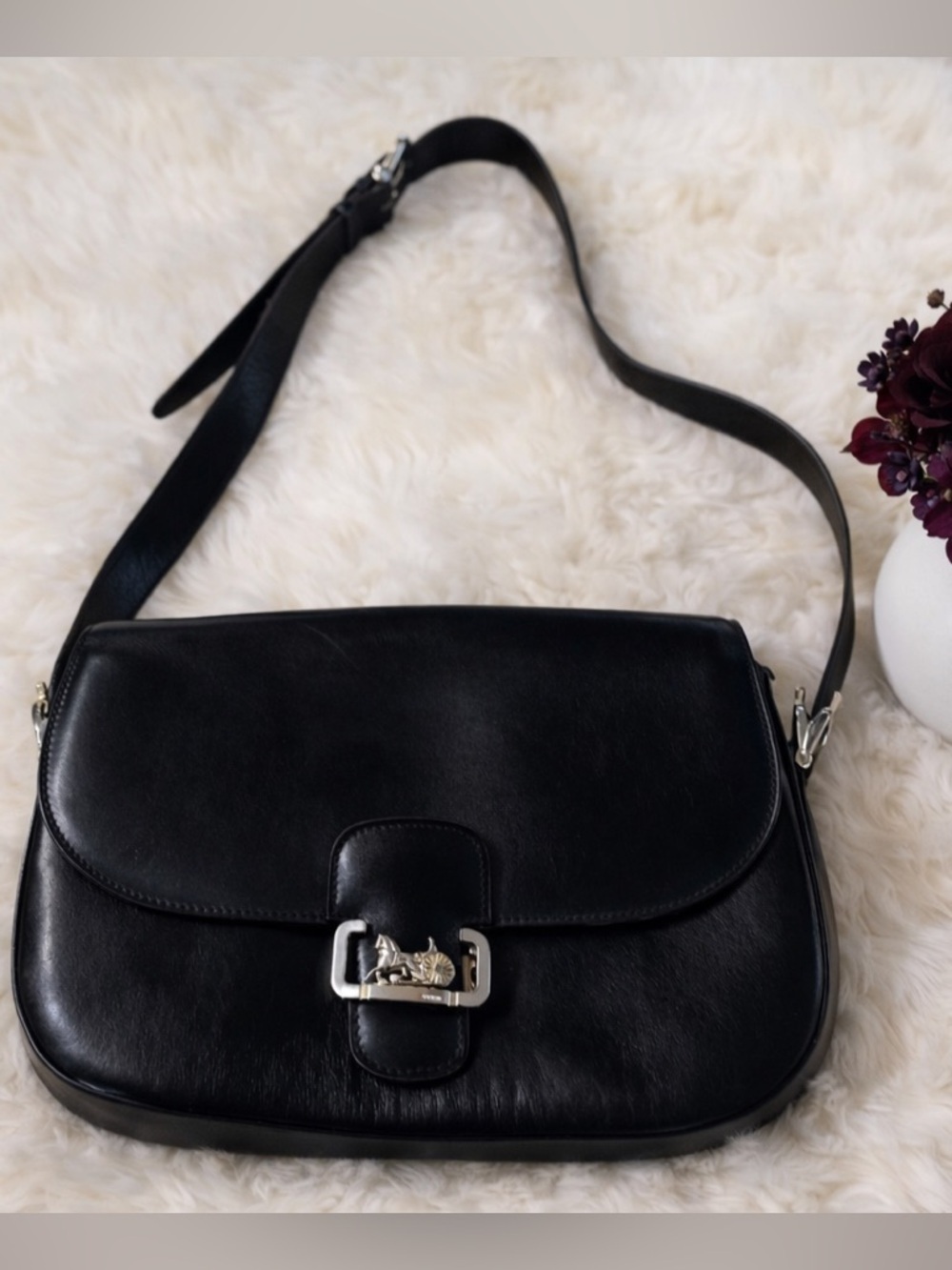 CELINE Triomphe Horse Carriage Black Leather 3 compartment Shoulder Bag COA
